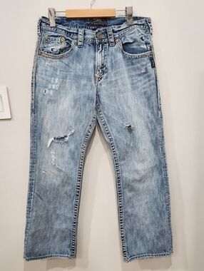 Silver Zac Jeans Mens 32x30 Heavy Stitch Distressed Blue Light Wash Cowboy Y2K